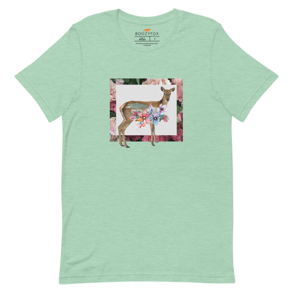 Heather Prism Mint Premium Deer T-Shirt featuring a stunning Floral Deer graphic on the chest - Cute Graphic Deer Tees - Boozy Fox