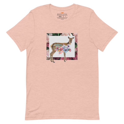 Heather Prism Peach Premium Deer T-Shirt featuring a stunning Floral Deer graphic on the chest - Cute Graphic Deer Tees - Boozy Fox