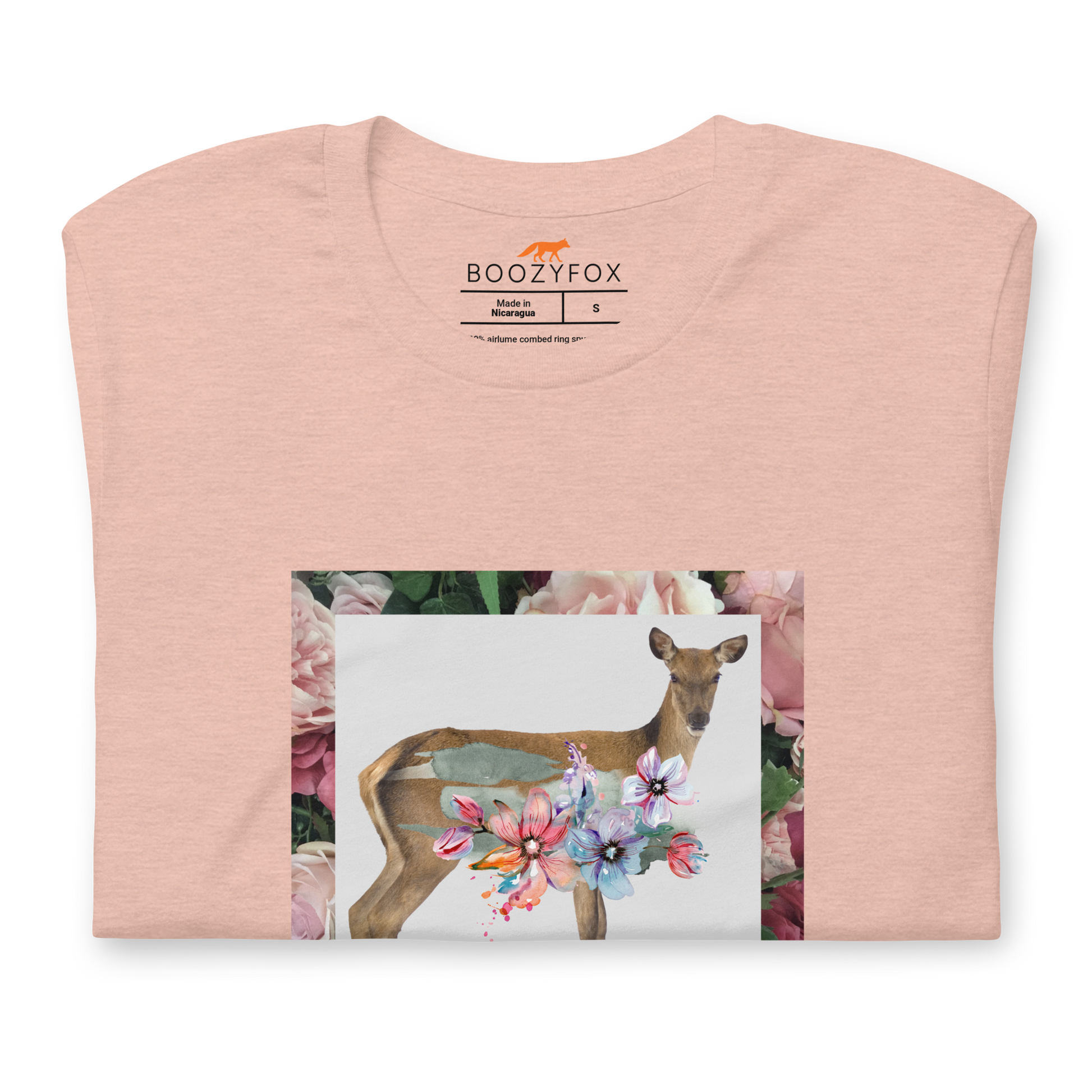 Front Details of a Heather Prism Peach Premium Deer T-Shirt featuring a stunning Floral Deer graphic on the chest - Cute Graphic Deer Tees - Boozy Fox