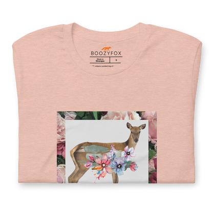 Front Details of a Heather Prism Peach Premium Deer T-Shirt featuring a stunning Floral Deer graphic on the chest - Cute Graphic Deer Tees - Boozy Fox