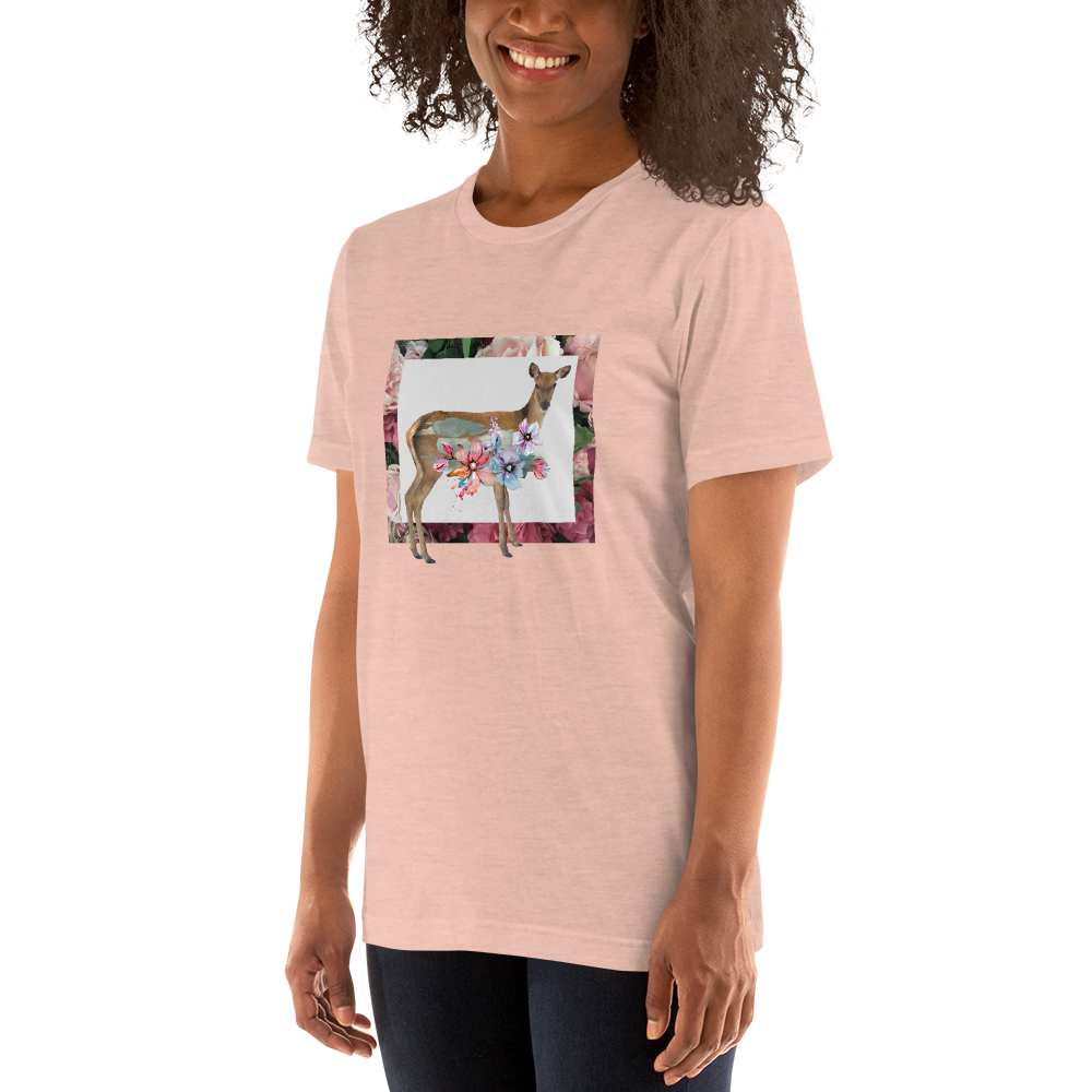 Smiling Woman Wearing a Heather Prism Peach Premium Deer T-Shirt featuring a stunning Floral Deer graphic on the chest - Cute Graphic Deer Tees - Boozy Fox