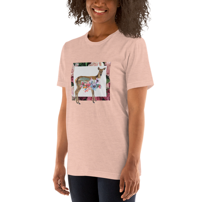 Smiling Woman Wearing a Heather Prism Peach Premium Deer T-Shirt featuring a stunning Floral Deer graphic on the chest - Cute Graphic Deer Tees - Boozy Fox