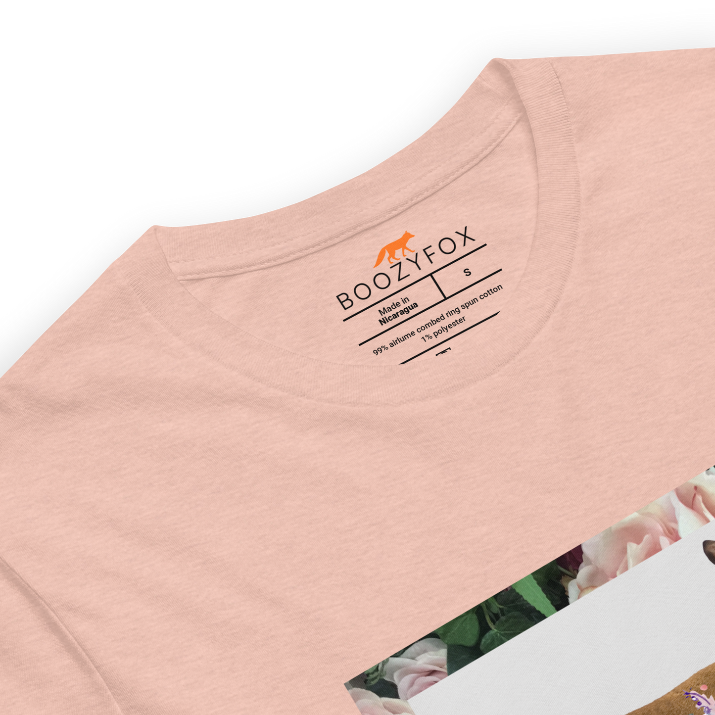 Product Details of a Heather Prism Peach Premium Deer T-Shirt featuring a stunning Floral Deer graphic on the chest - Cute Graphic Deer Tees - Boozy Fox