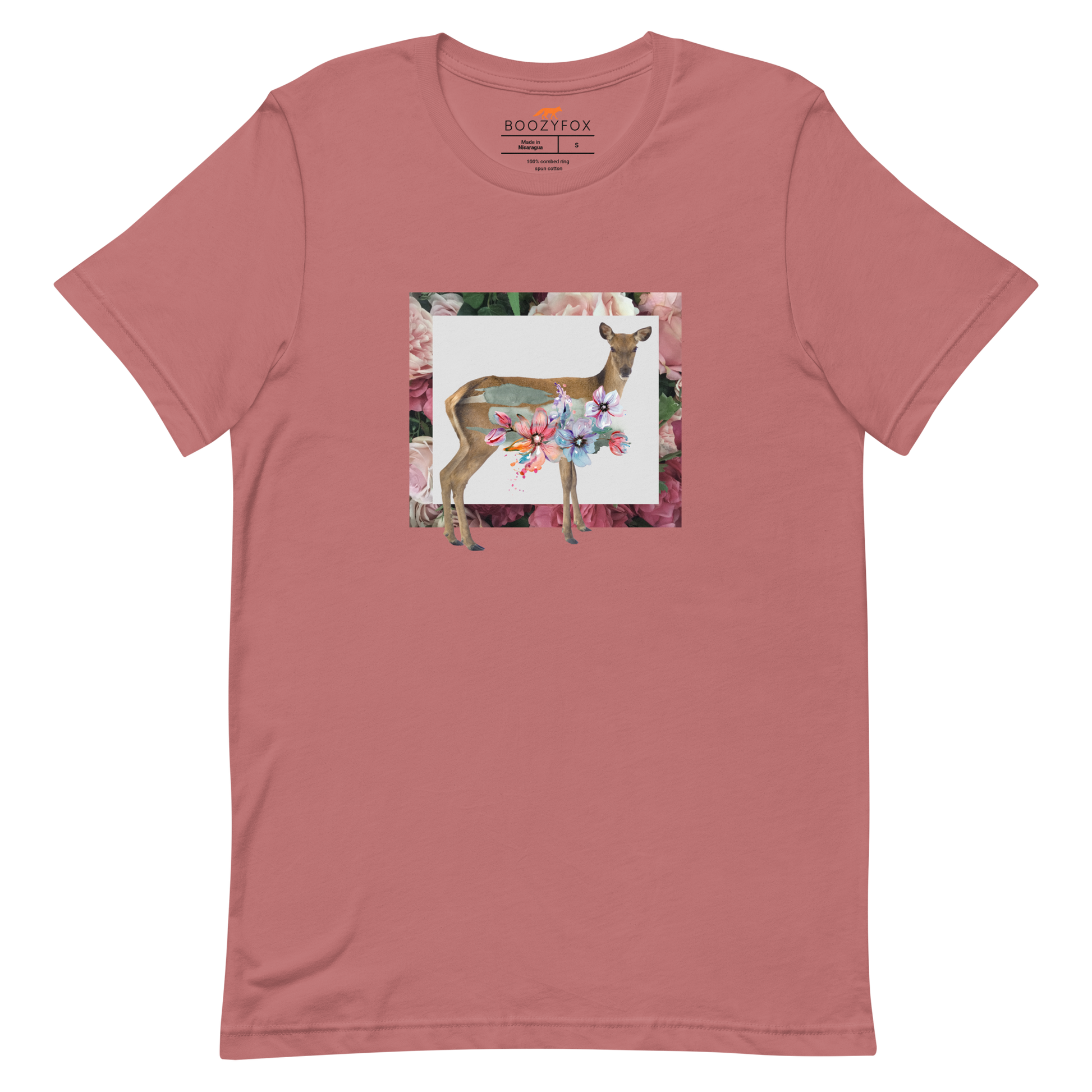 Mauve Premium Deer T-Shirt featuring a stunning Floral Deer graphic on the chest - Cute Graphic Deer Tees - Boozy Fox