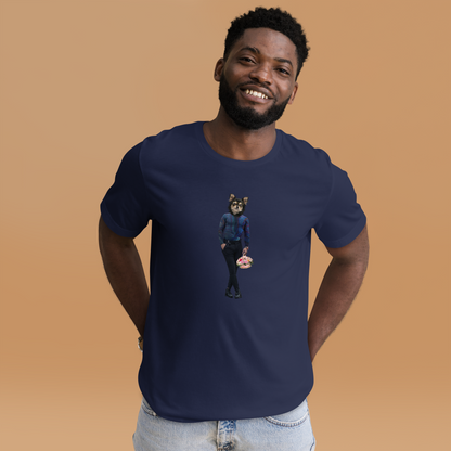 Smiling man wearing a Navy Premium Dog T-Shirt featuring an Anthropomorphic Dog graphic on the chest - Funny Graphic Dog Tees - Boozy Fox