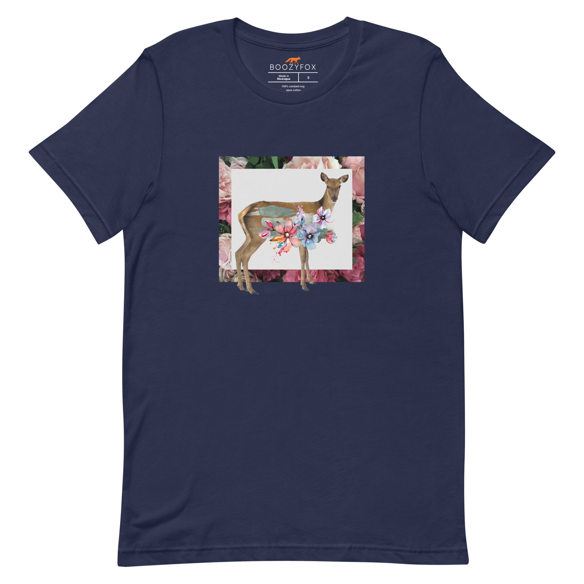 Navy Premium Deer T-Shirt featuring a stunning Floral Deer graphic on the chest - Cute Graphic Deer Tees - Boozy Fox