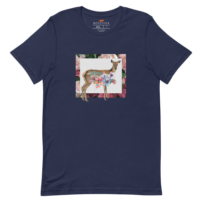 Navy Premium Deer T-Shirt featuring a stunning Floral Deer graphic on the chest - Cute Graphic Deer Tees - Boozy Fox