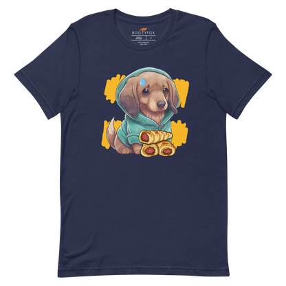 Navy Premium Sausage Dog T-Shirt featuring an adorable sausage roll dachshund graphic on the chest - Cute Graphic Dachshund  Tees - Boozy Fox