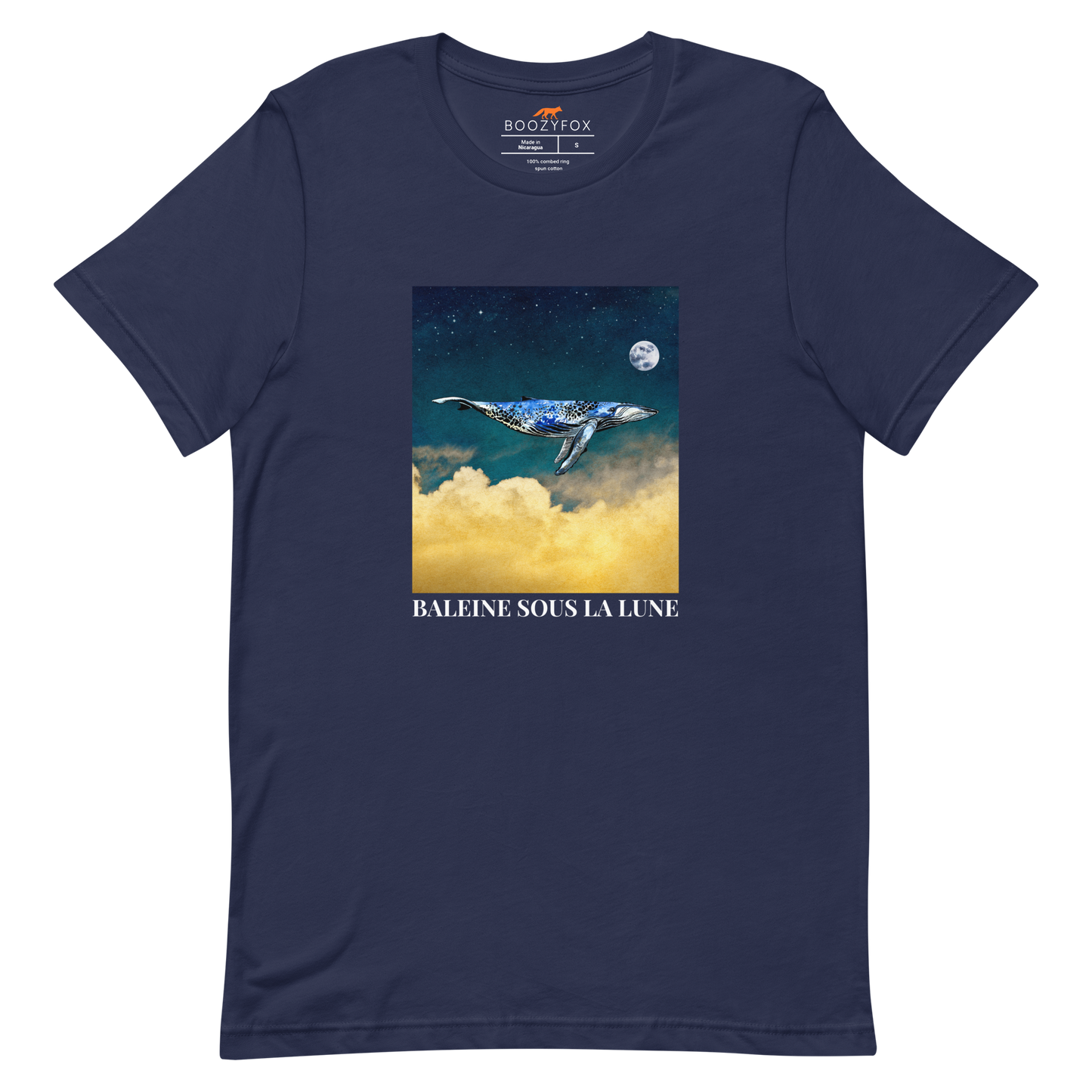 Navy Premium Whale T-Shirt featuring a majestic Whale Under The Moon graphic on the chest - Cool Graphic Whale Tees - Boozy Fox