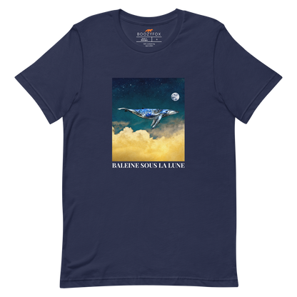 Navy Premium Whale T-Shirt featuring a majestic Whale Under The Moon graphic on the chest - Cool Graphic Whale Tees - Boozy Fox
