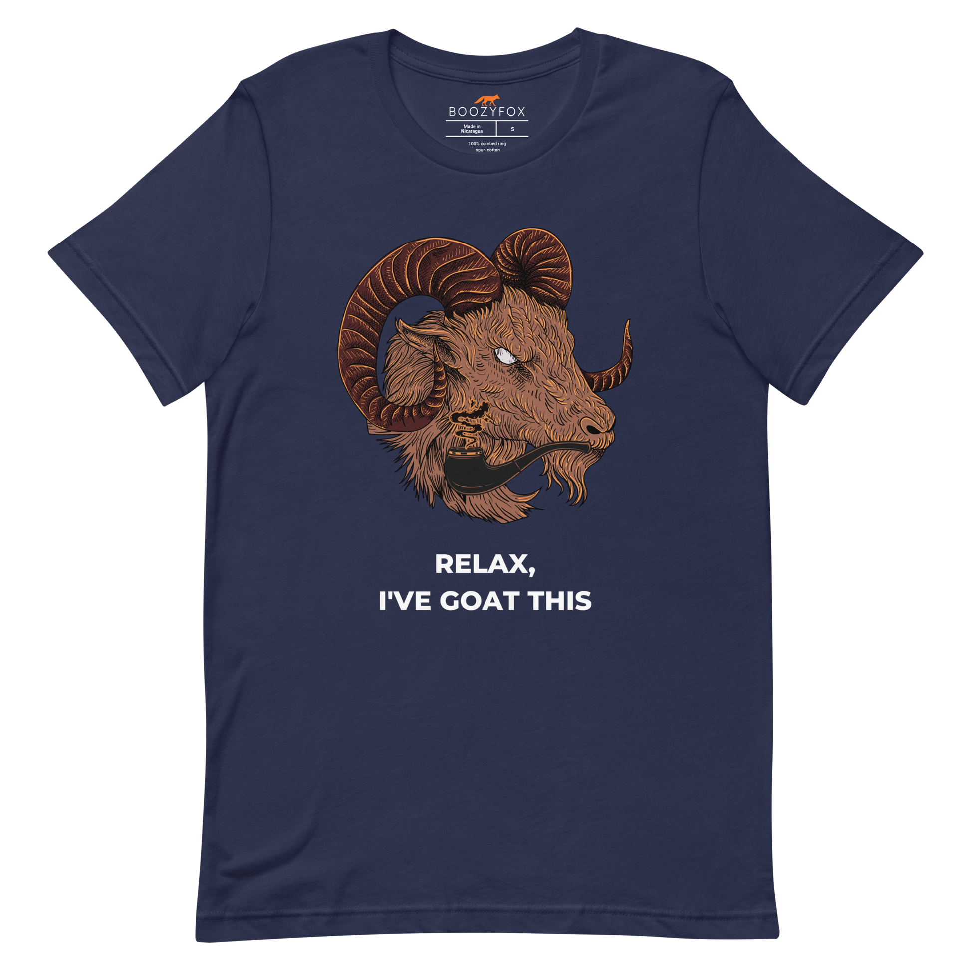 Navy Premium Goat T-Shirt featuring an amusing Relax I've Goat This graphic on the chest - Funny Graphic Goat Tees - Boozy Fox