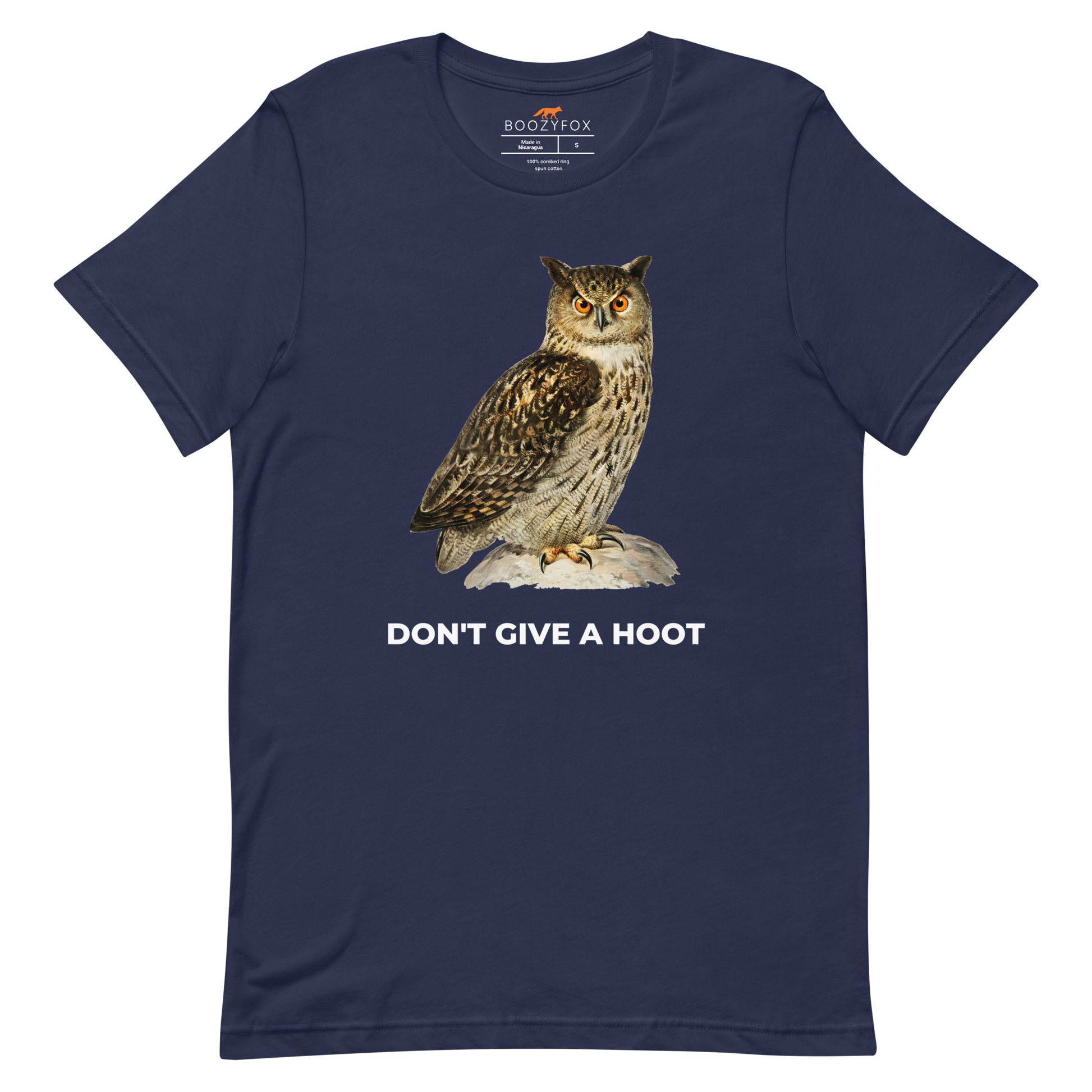 Navy Premium Owl T-Shirt featuring a captivating Don't Give A Hoot graphic on the chest - Funny Graphic Owl Tees - Boozy Fox