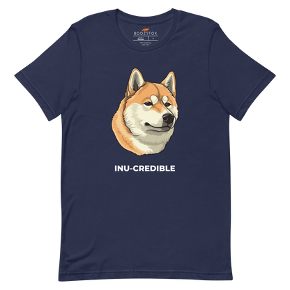 Navy Premium Shiba Inu T-Shirt featuring the Inu-Credible graphic on the chest - Funny Graphic Shiba Inu Tees - Boozy Fox