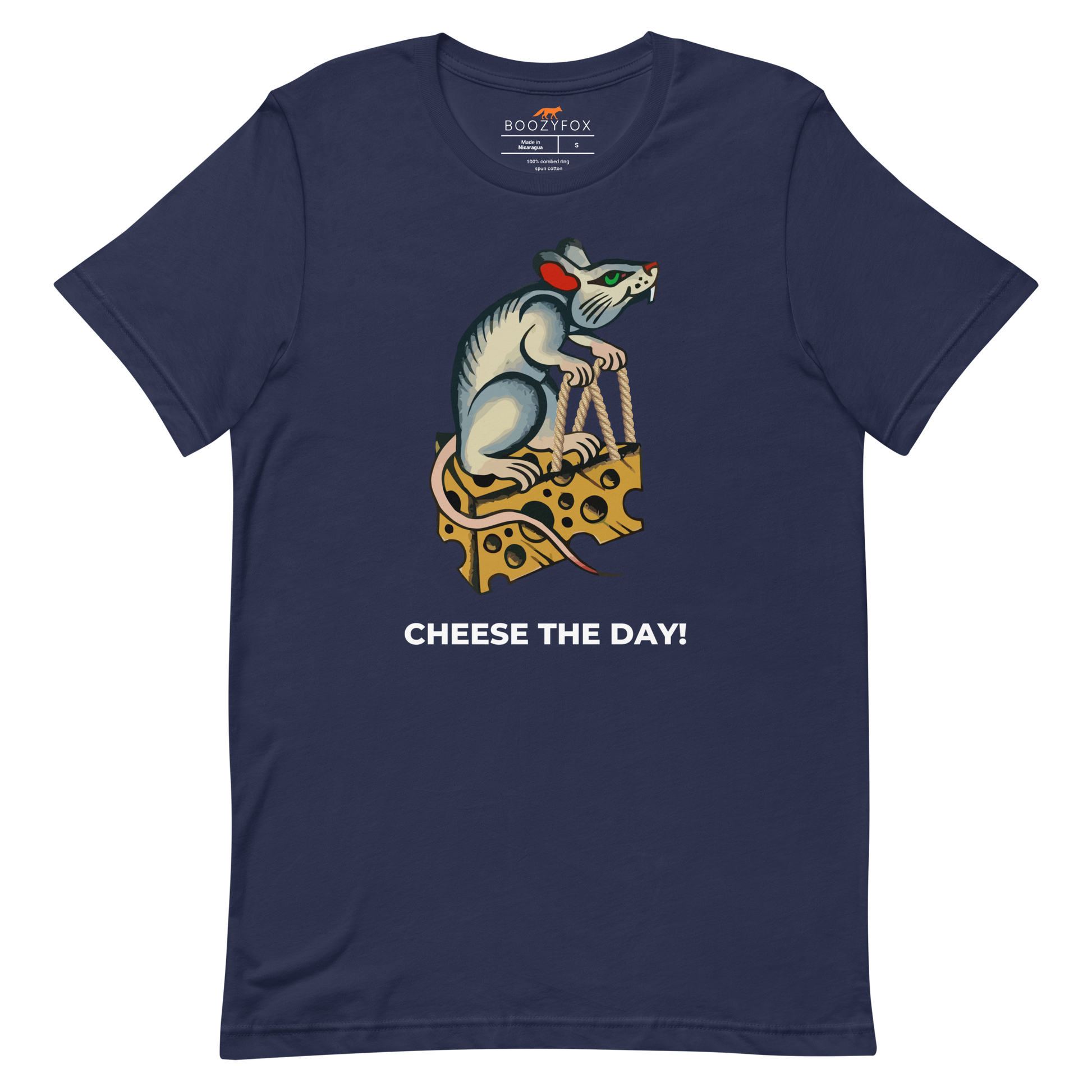 Navy Premium Rat T-Shirt featuring a hilarious Cheese The Day graphic on the chest - Funny Graphic Rat Tees - Boozy Fox