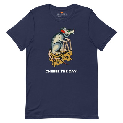 Navy Premium Rat T-Shirt featuring a hilarious Cheese The Day graphic on the chest - Funny Graphic Rat Tees - Boozy Fox
