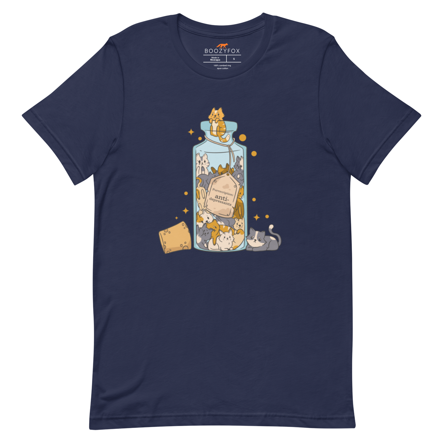 Navy Premium Cat T-Shirt featuring a funny Anti-Depressants graphic on the chest - Cute Graphic Cat Tees - Boozy Fox