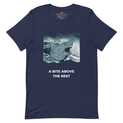 Navy Premium Megalodon Tee featuring A Bite Above the Rest graphic on the chest - Funny Graphic Megalodon Tees - Boozy Fox