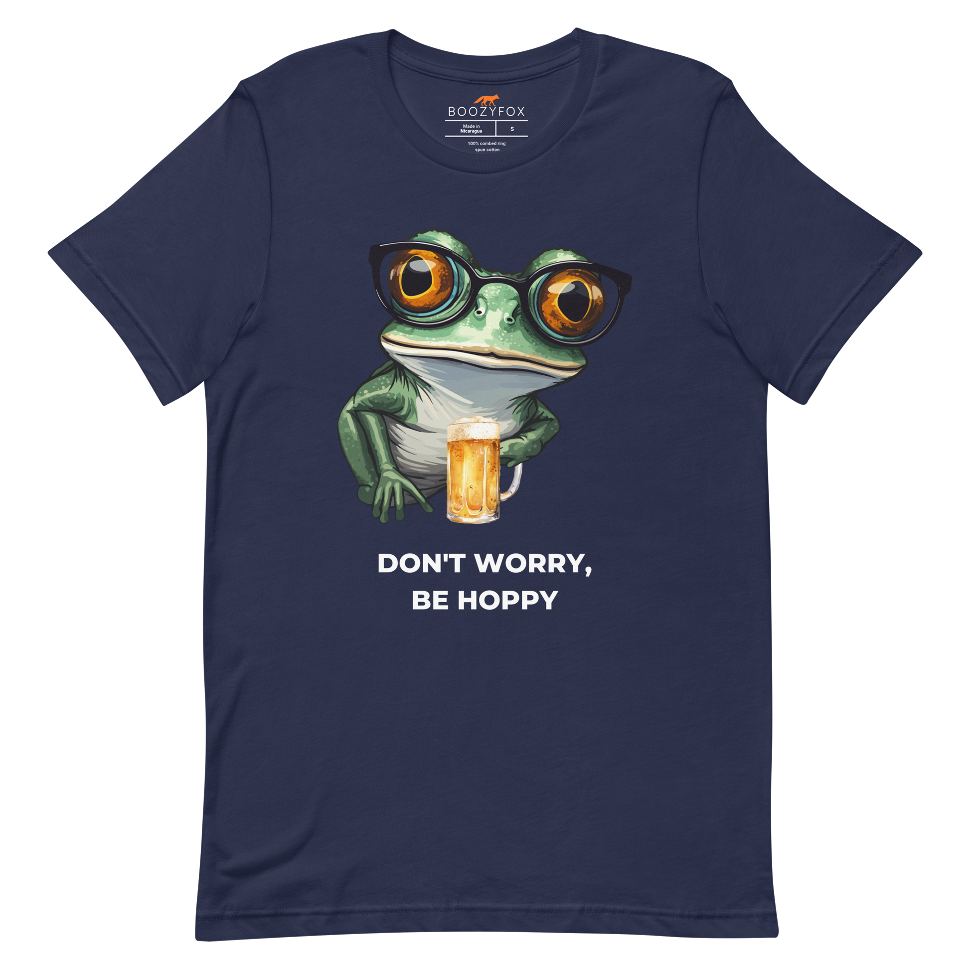 Navy Premium Frog Tee featuring a funny Don't Worry, Be Hoppy graphic on the chest - Funny Graphic Frog Tees - Boozy Fox