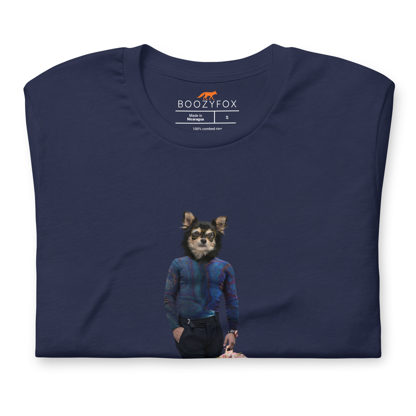Front details of a Navy Premium Dog T-Shirt featuring an Anthropomorphic Dog graphic on the chest - Funny Graphic Dog Tees - Boozy Fox