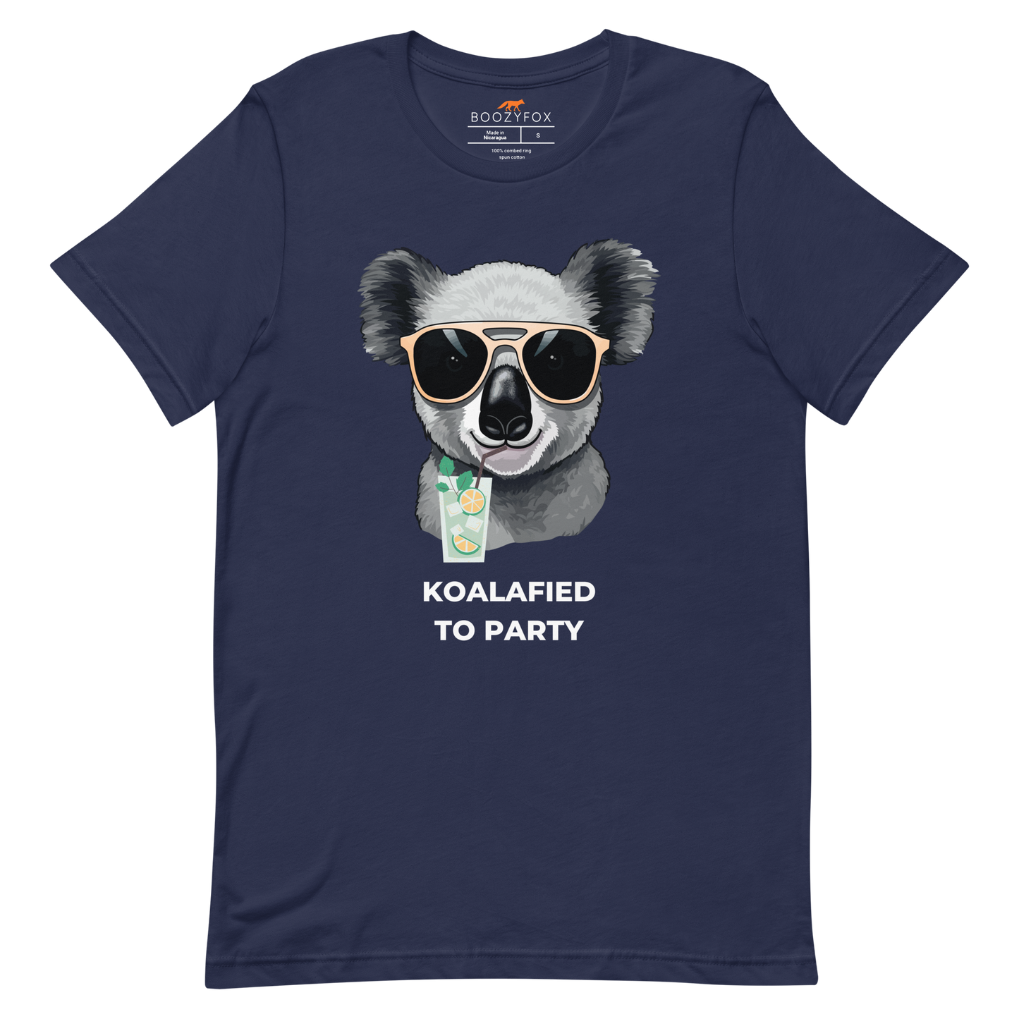 Navy Premium Koala Tee featuring an adorable Koalafied To Party graphic on the chest - Funny Graphic Koala Tees - Boozy Fox