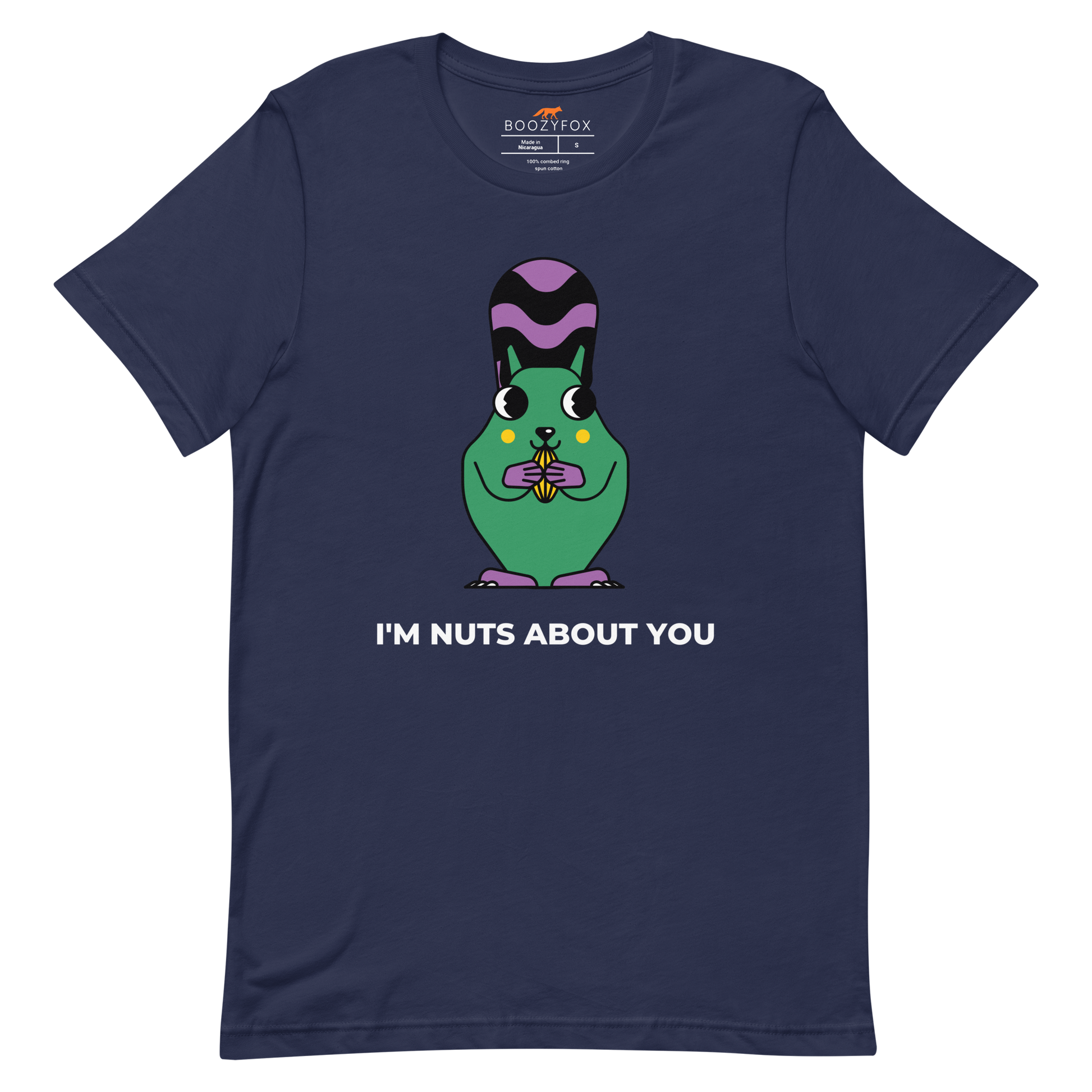 Navy Premium Squirrel T-Shirt featuring an I'm Nuts About You graphic on the chest - Funny Graphic Squirrel Tees - Boozy Fox