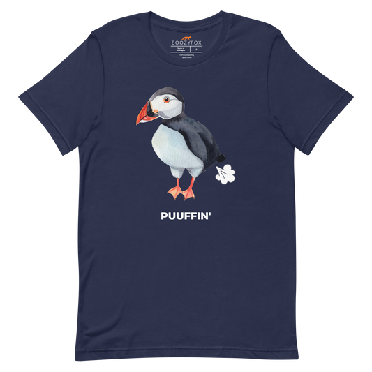 NAvy Premium Puffin T-Shirt featuring a comic Puuffin' graphic on the chest - Funny Graphic Puffin Tees - Boozy Fox