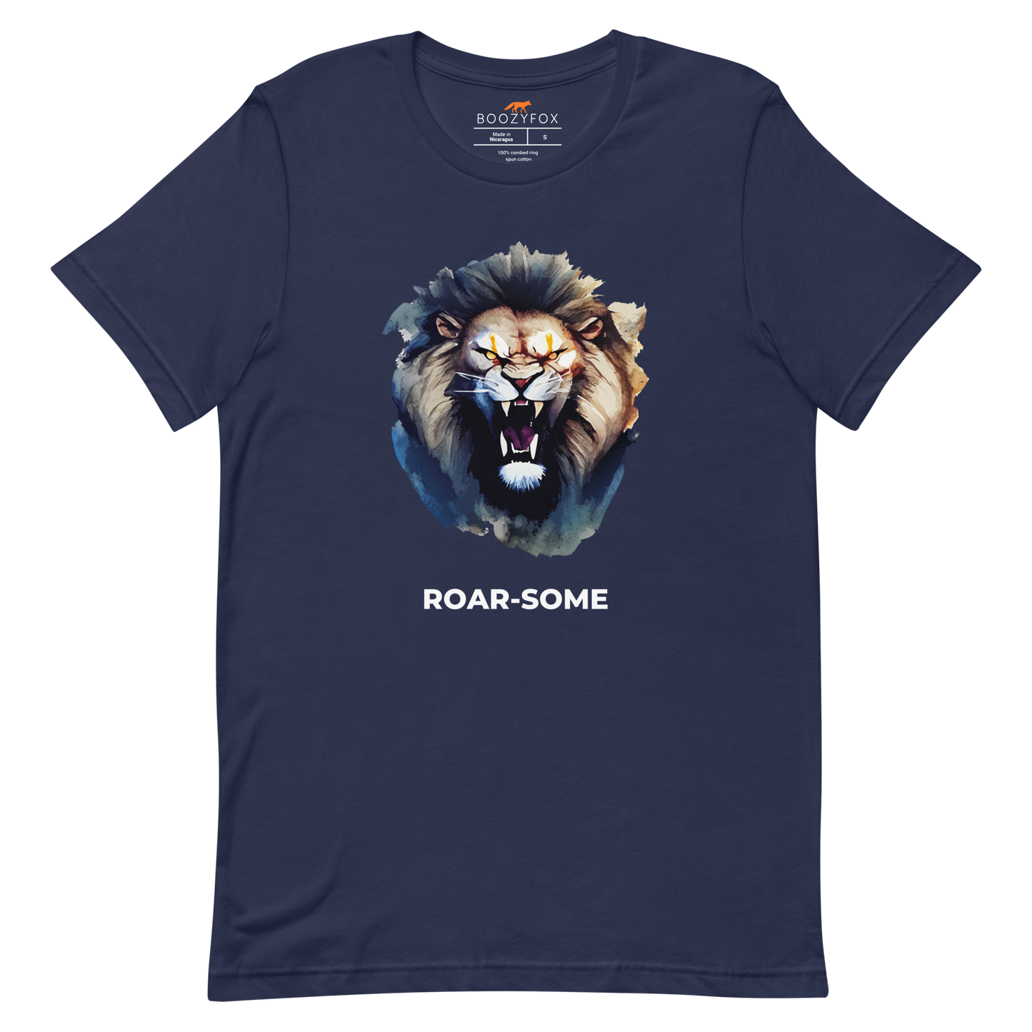 Navy Premium Lion Tee featuring a Roar-Some graphic on the chest - Cool Graphic Lion Tees - Boozy Fox