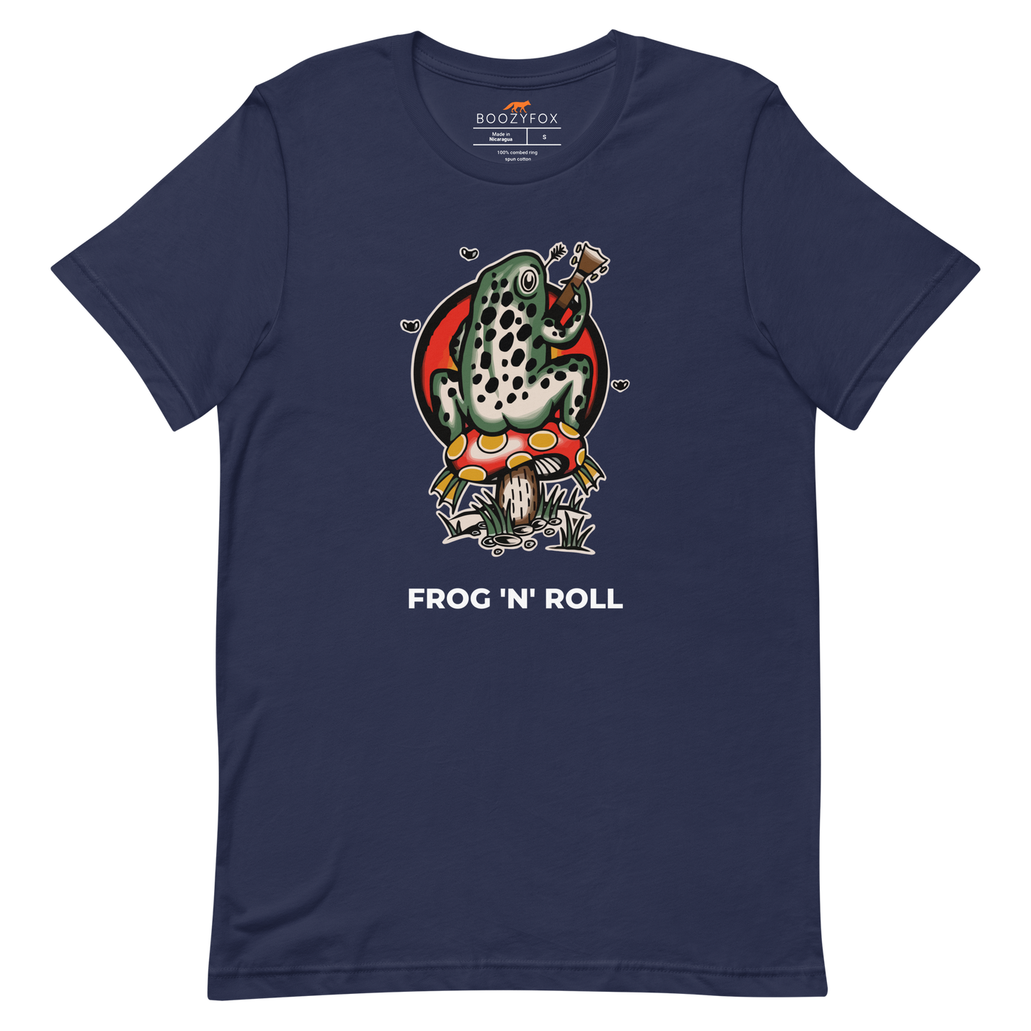 Navy Premium Frog Tee featuring a funny Frog 'n' Roll graphic on the chest - Funny Graphic Frog Tees - Boozy Fox