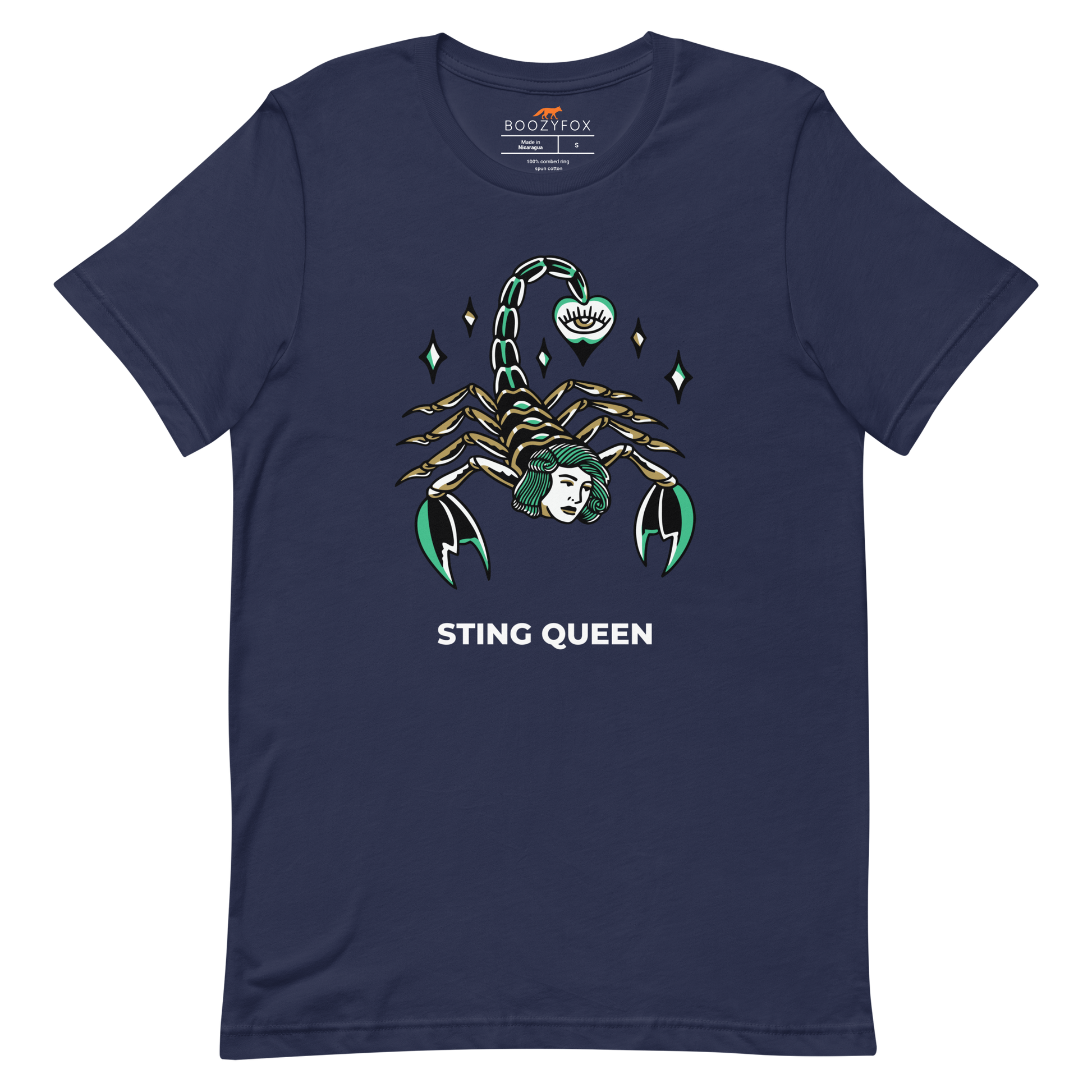 Navy Premium Scorpion Tee featuring The Sting Queen graphic on the chest - Cool Graphic Scorpion Tees - Boozy Fox