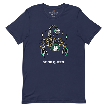 Navy Premium Scorpion Tee featuring The Sting Queen graphic on the chest - Cool Graphic Scorpion Tees - Boozy Fox