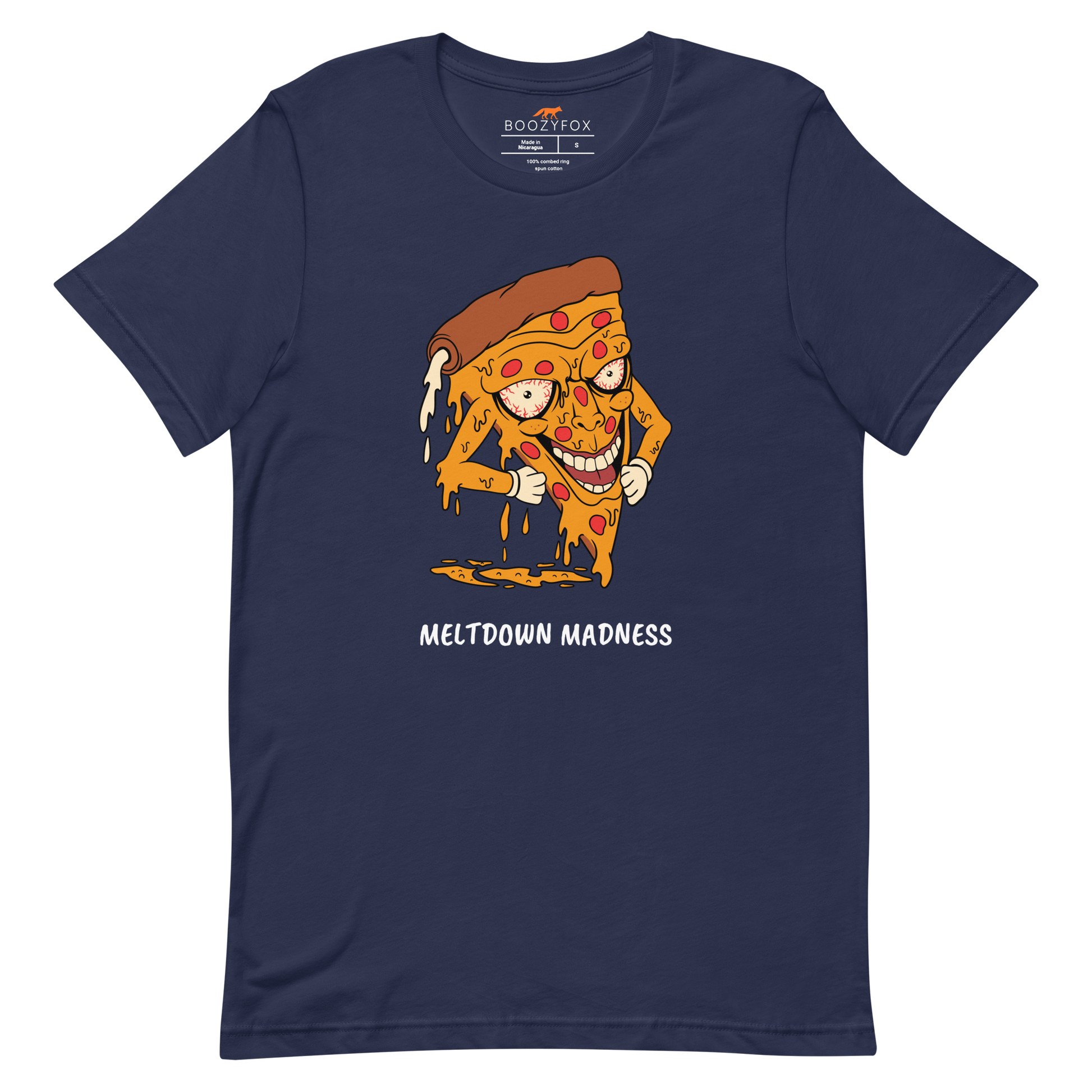 Navy Premium Melting Pizza Tee featuring a Meltdown Madness graphic on the chest - Funny Graphic Pizza Tees - Boozy Fox
