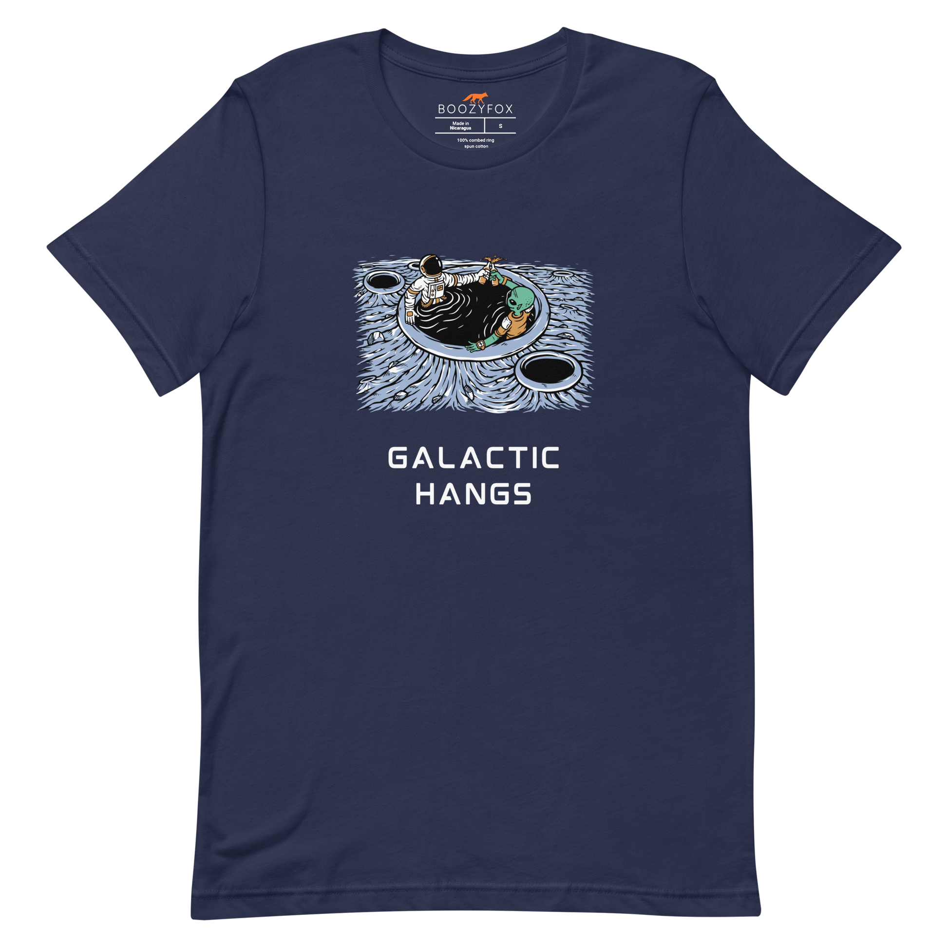 Navy Premium Galactic Hangs Tee featuring an out-of-this-world graphic of an Astronaut and Alien Chilling Together - Funny Graphic Space Tees - Boozy Fox