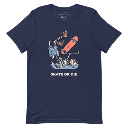 Navy Premium Skate or Die Tee featuring a daring Skeleton Falling While Skateboarding graphic on the chest - Funny Graphic Skeleton Tees - Boozy Fox