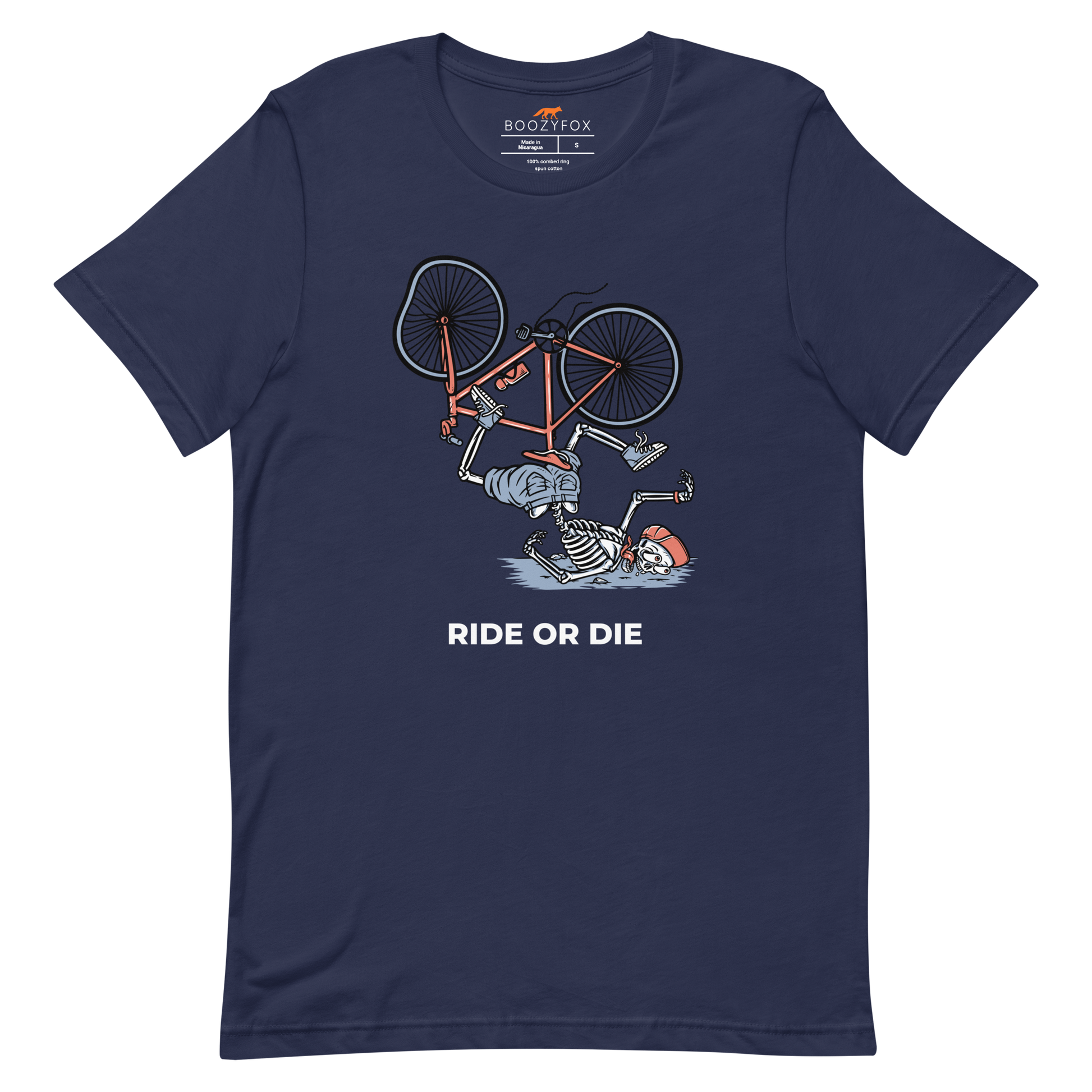 Navy Premium Ride or Die Tee featuring a bold Skeleton Falling While Riding a Bicycle graphic on the chest - Funny Graphic Skeleton Tees - Boozy Fox