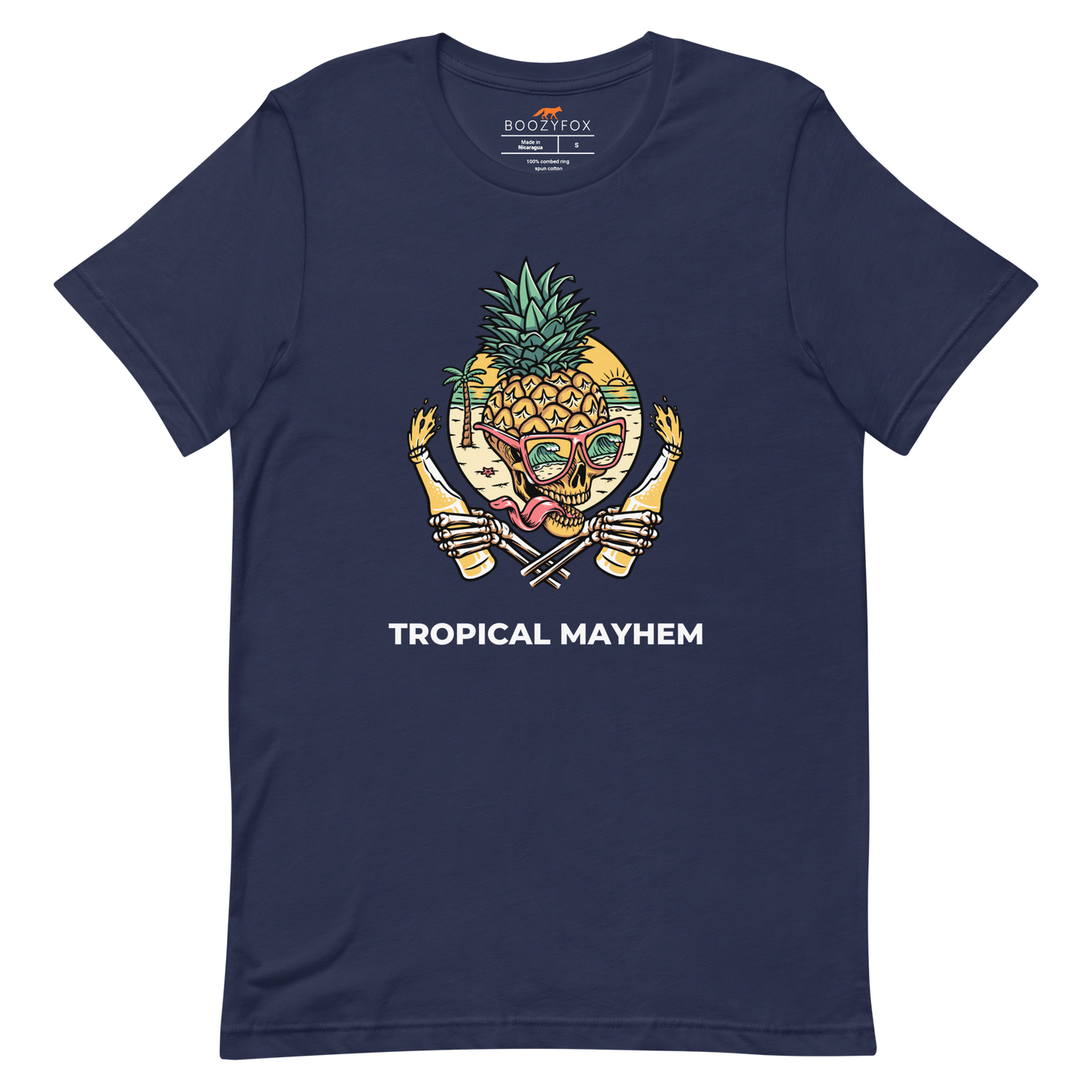 Navy Premium Tropical Mayhem Tee featuring a Crazy Pineapple Skull graphic on the chest - Funny Graphic Pineapple Tees - Boozy Fox