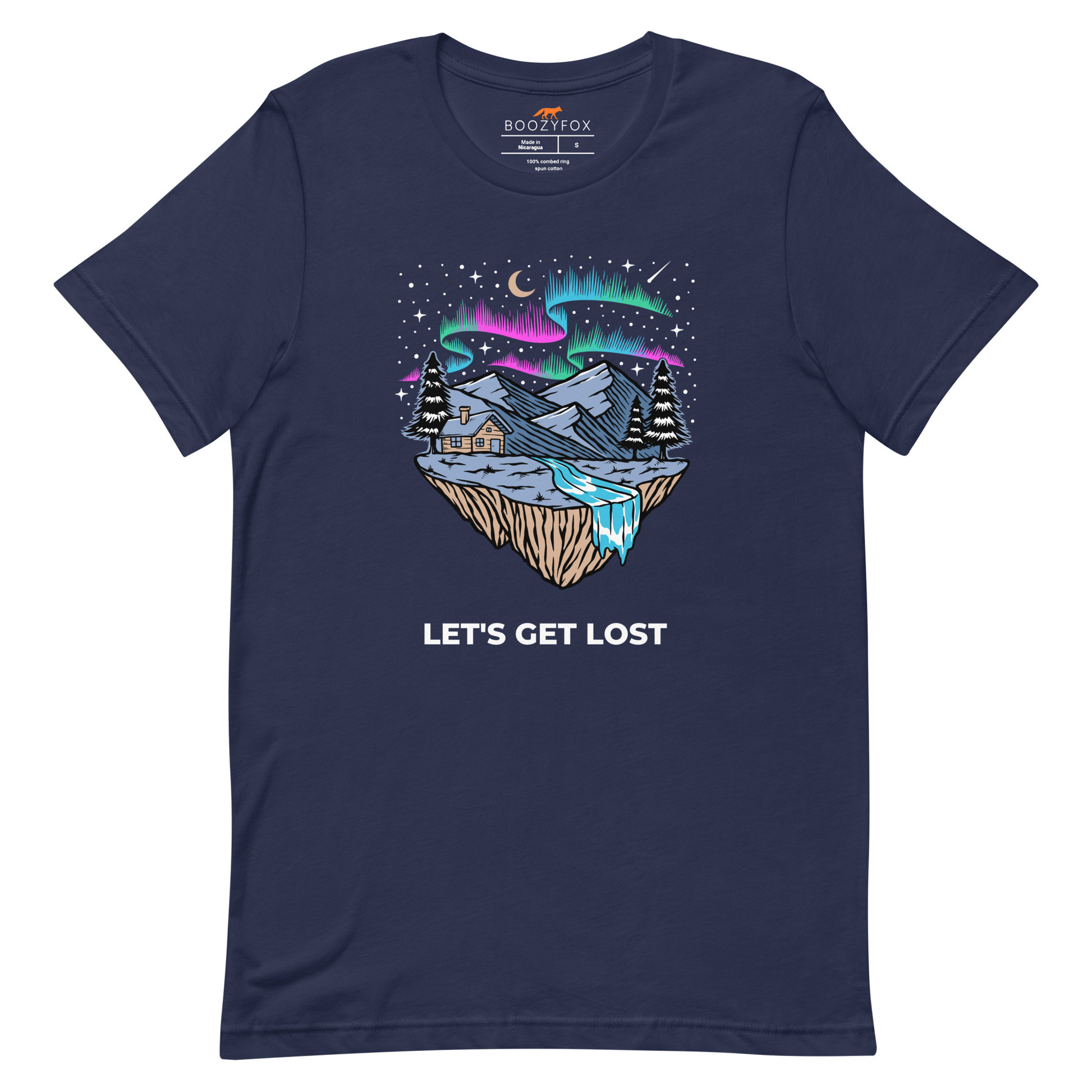Navy Premium Let's Get Lost Tee featuring a mesmerizing night sky, adorned with stars and aurora borealis graphic on the chest - Cool Graphic Northern Lights Tees - Boozy Fox