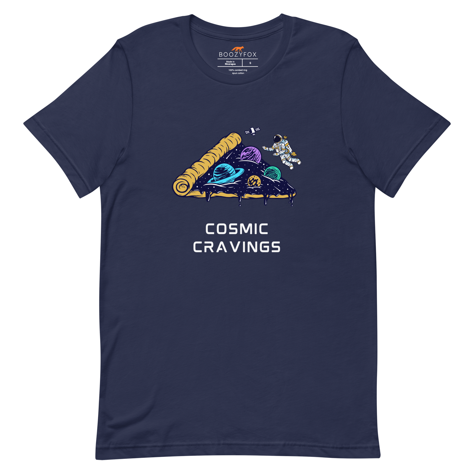 Navy Premium Cosmic Cravings Tee featuring an Astronaut Exploring a Pizza Universe graphic on the chest - Funny Graphic Space Tees - Boozy Fox