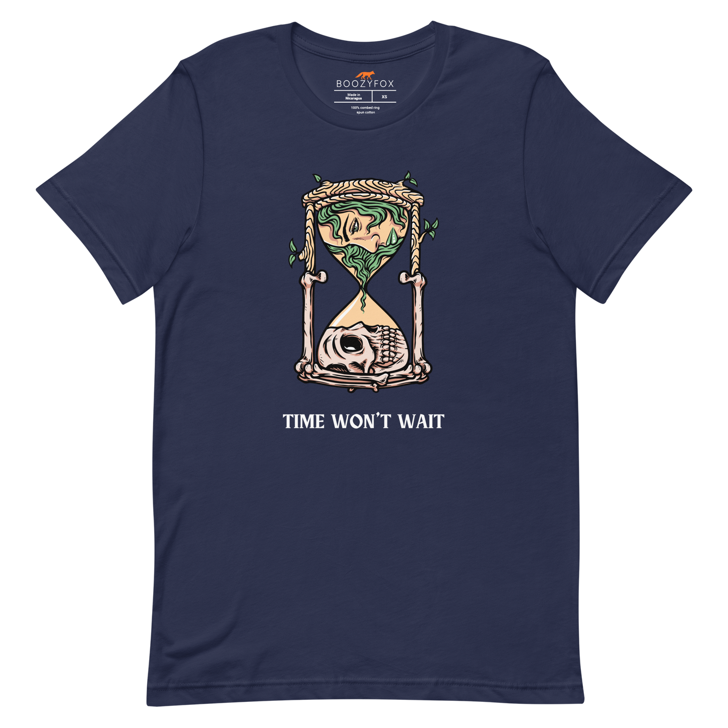 Navy Premium Hourglass Tee featuring a captivating Time Won't Wait graphic on the chest - Cool Graphic Hourglass Tees - Boozy Fox
