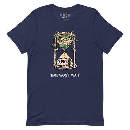 Navy Premium Hourglass Tee featuring a captivating Time Won't Wait graphic on the chest - Cool Graphic Hourglass Tees - Boozy Fox
