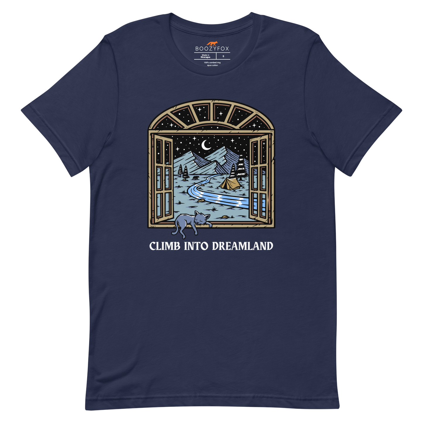 Navy Premium Climb Into Dreamland Tee featuring a mesmerizing mountain view graphic on the chest - Cool Graphic Nature Tees - Boozy Fox