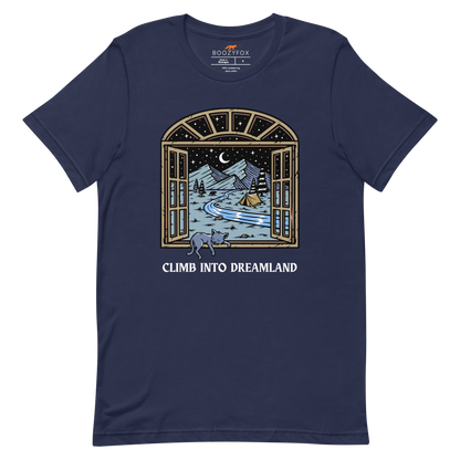 Navy Premium Climb Into Dreamland Tee featuring a mesmerizing mountain view graphic on the chest - Cool Graphic Nature Tees - Boozy Fox