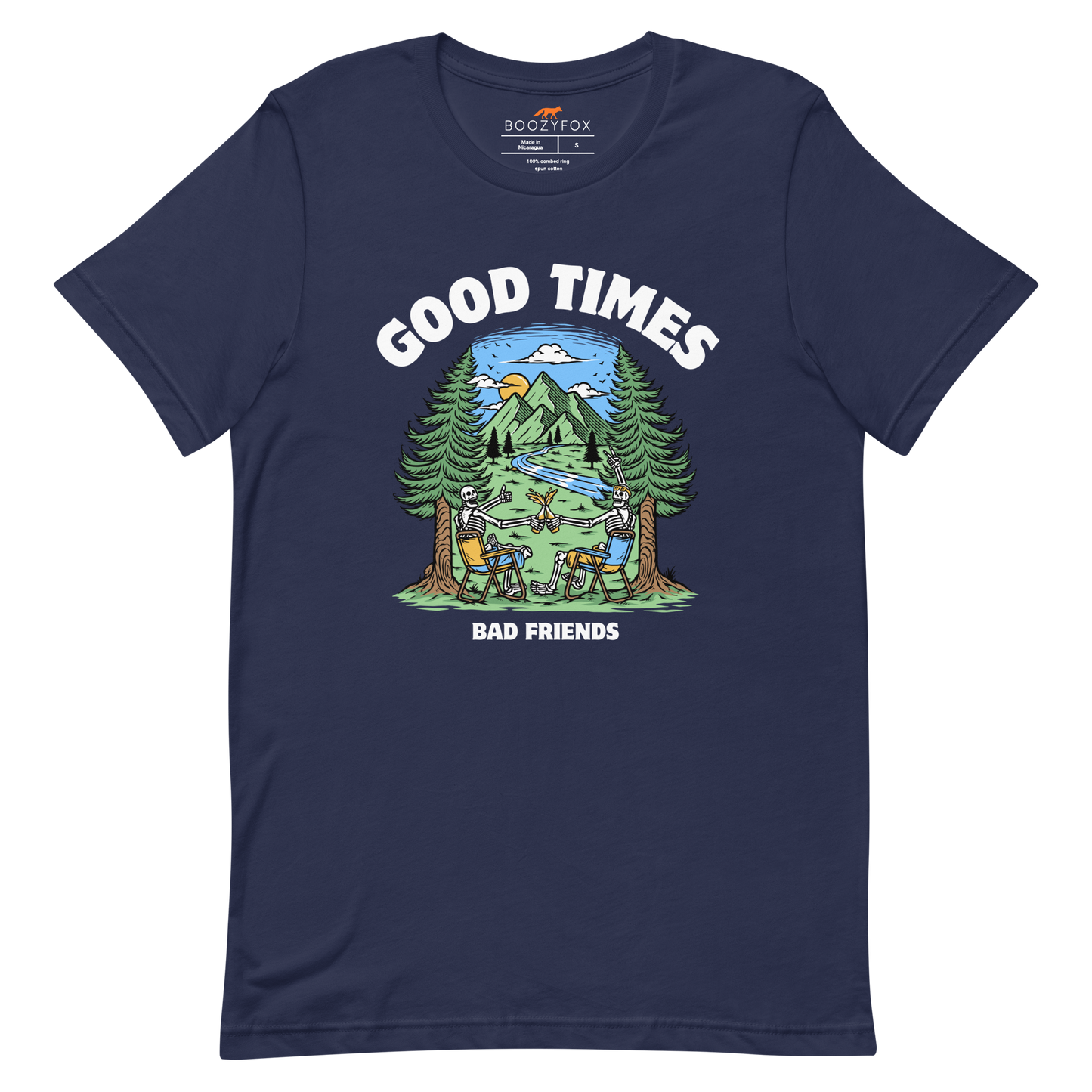 Navy Premium Good Times Bad Friends Tee featuring a lively graphic of friends enjoying a beer in nature - Funny Graphic Nature Tees - Boozy Fox