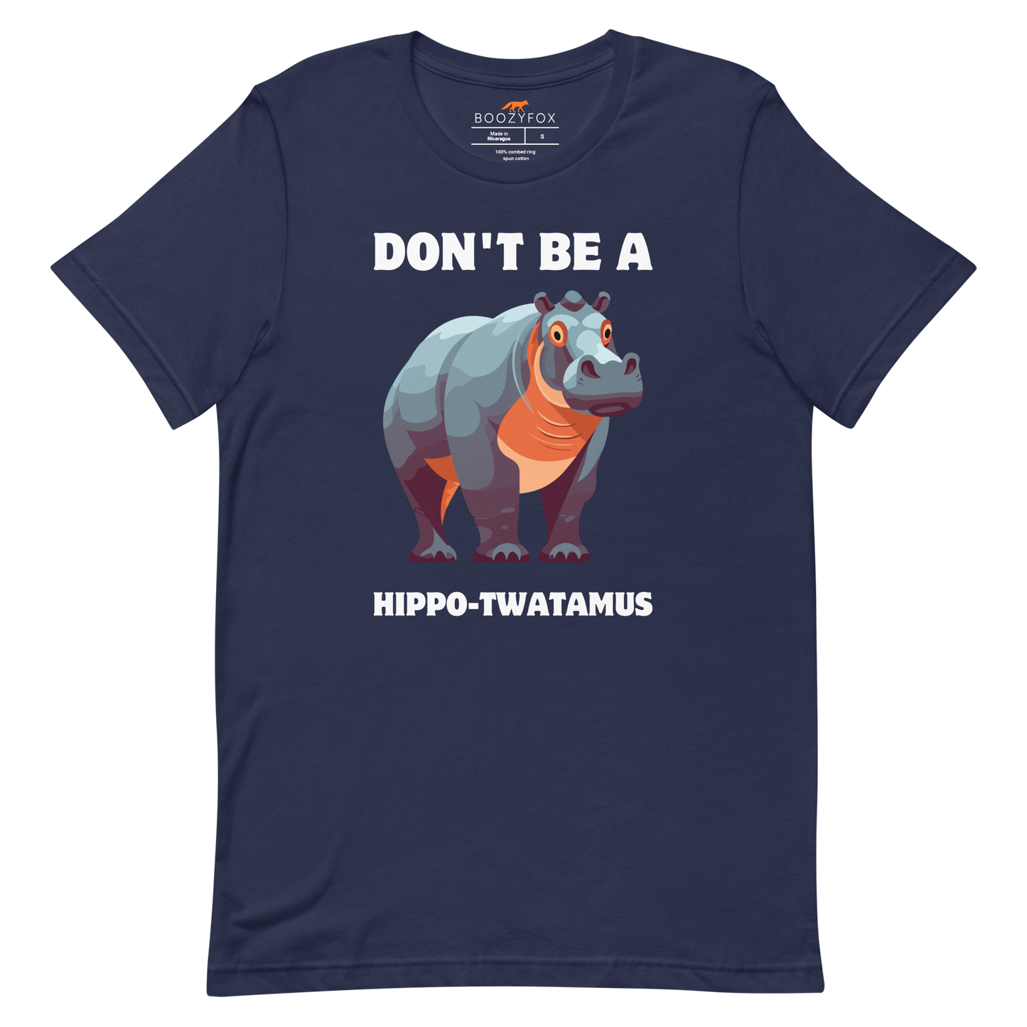 Navy Premium Hippo Tee featuring a Don't Be a Hippo-Twatamus graphic on the chest - Funny Graphic Hippo Tees - Boozy Fox