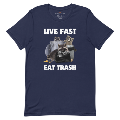Navy Premium Raccoon Tee featuring a funny 'Live Fast Eat Trash' graphic on the chest - Funny Graphic Raccoon Tees - Boozy Fox