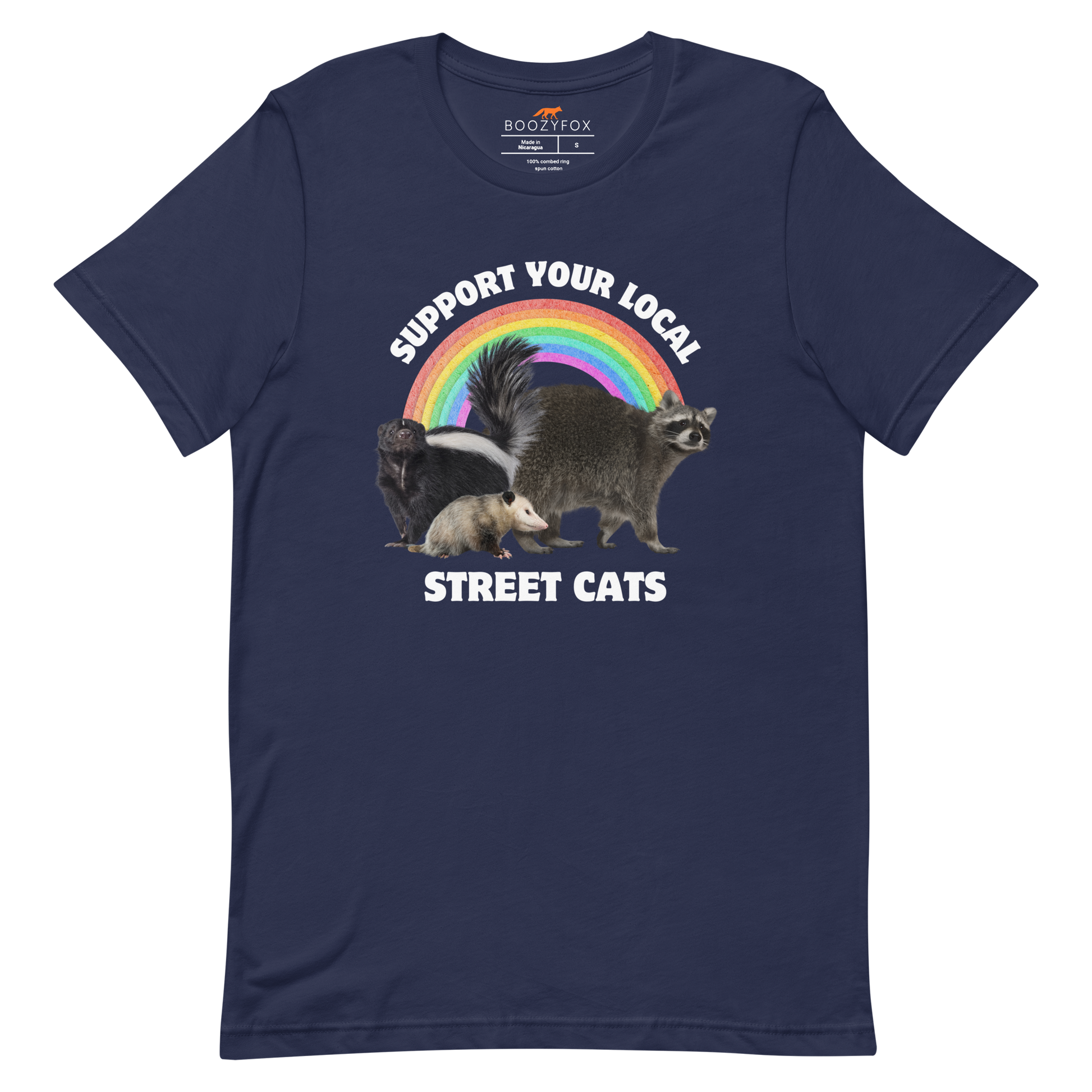 Navy Premium Street Cats Tee featuring a funny 'Support Your Local Street Cats' graphic on the chest - Funny Graphic Animal Tees - Boozy Fox