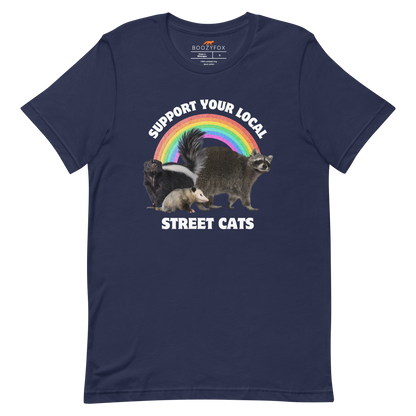Navy Premium Street Cats Tee featuring a funny 'Support Your Local Street Cats' graphic on the chest - Funny Graphic Animal Tees - Boozy Fox