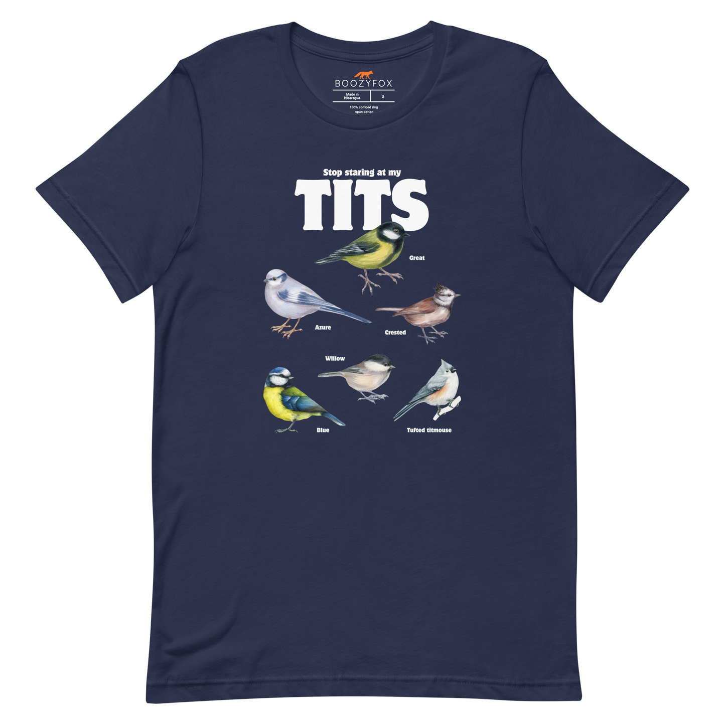 Navy Premium Tit Tee featuring a funny Stop Staring At My Tits graphic on the chest - Funny Graphic Tit Bird Tees - Boozy Fox