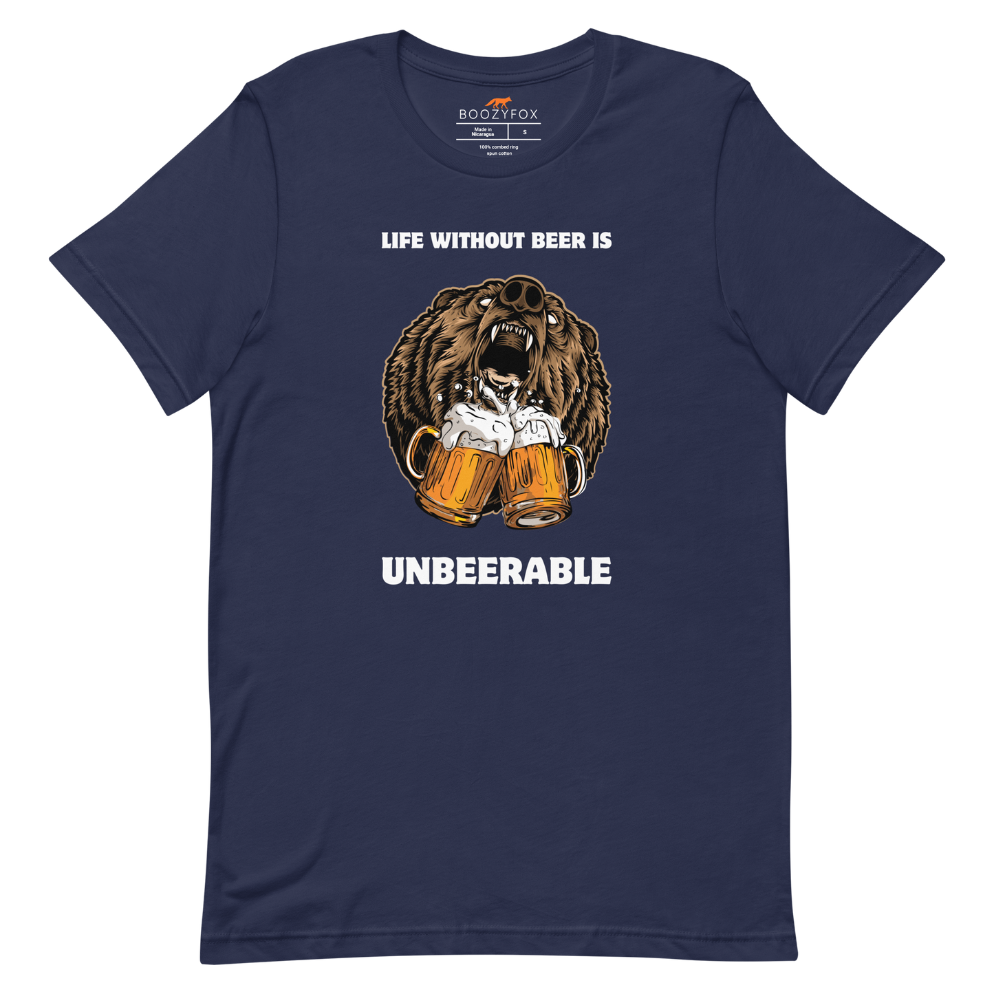 Navy Premium Bear Tee featuring a Life Without Beer Is Unbeerable graphic design on the chest - Funny Graphic Bear Tees - Boozy Fox