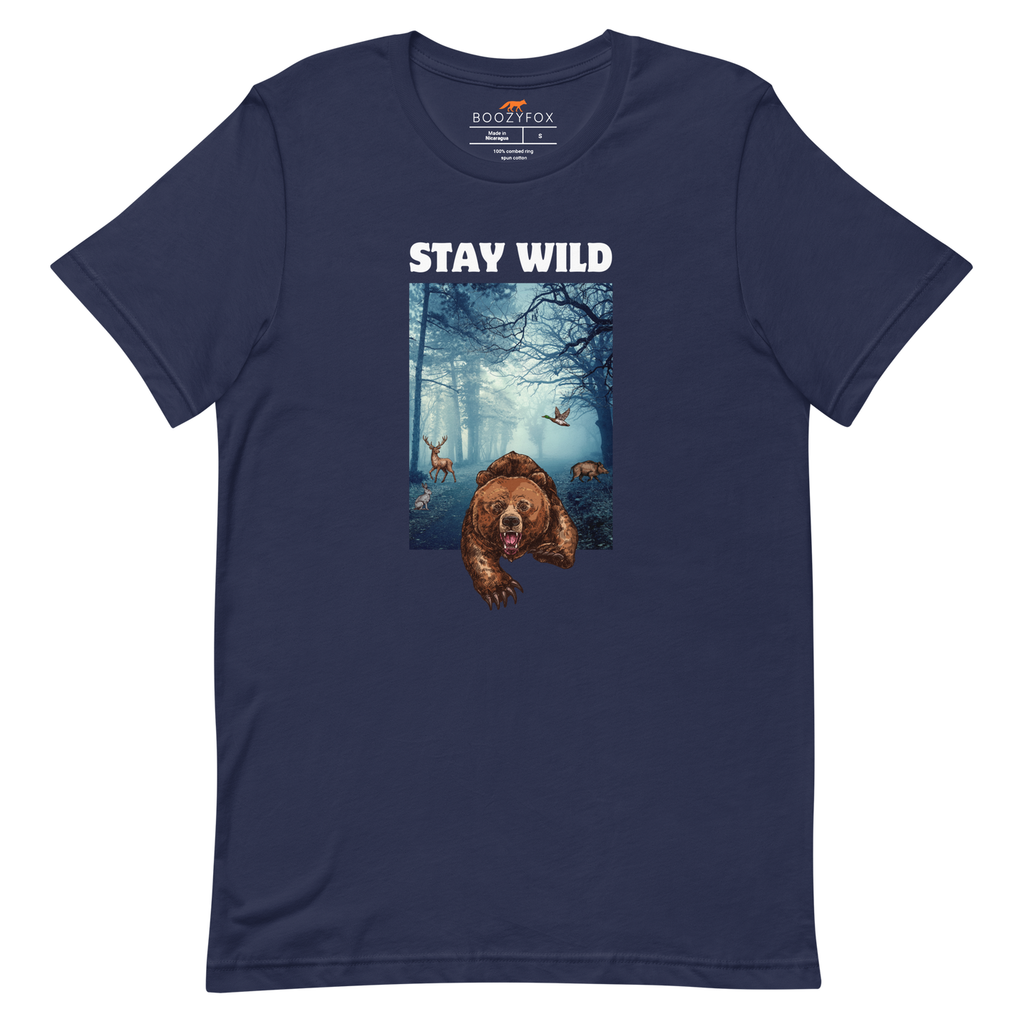 Navy Premium Bear Tee featuring a Stay Wild graphic on the chest - Cool Graphic Bear Tees - Boozy Fox