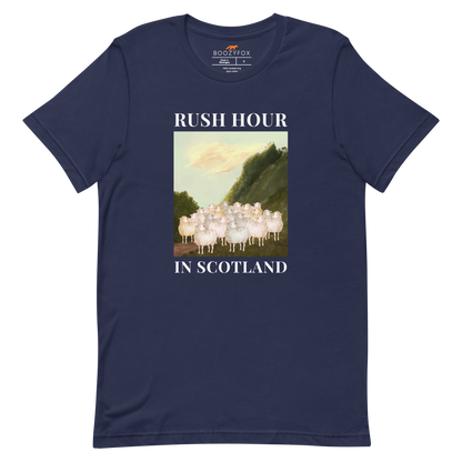 Navy Premium Sheep T-Shirt featuring a comical Rush Hour In Scotland graphic on the chest - Artsy/Funny Graphic Sheep Tees - Boozy Fox
